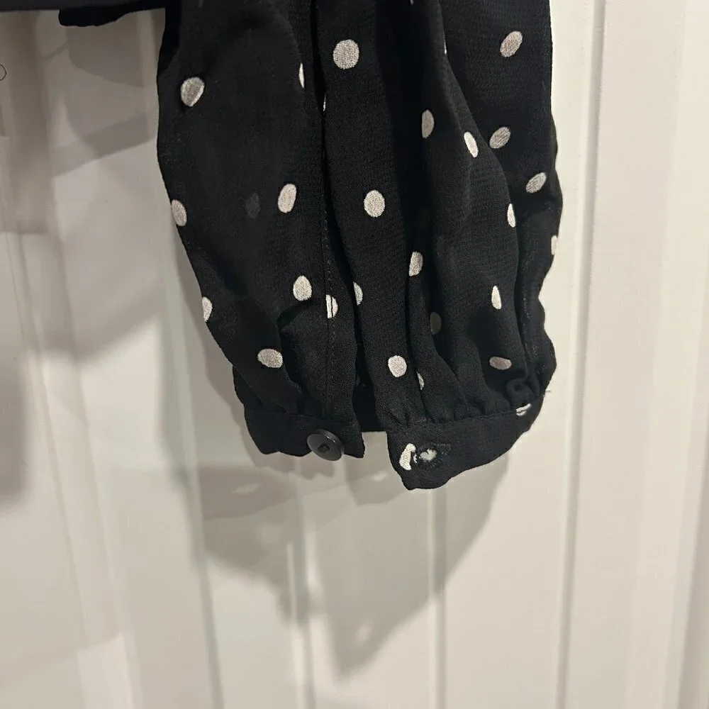 Zara Black and White Polka Dot Smocked Peplum Mesh Blouse Women’s Size Small